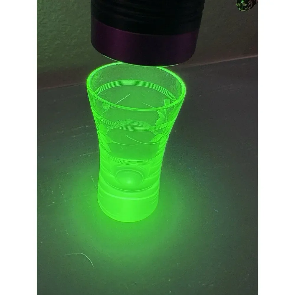 Vintage Uranium Glass Shot Glass Art Deco Etched Green Vaseline Glass 1930s